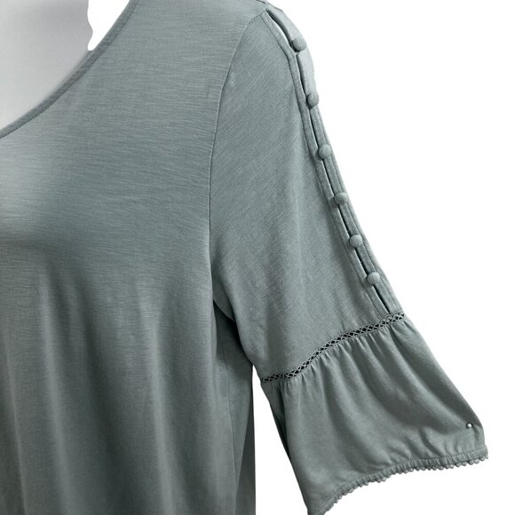 J Jill Womens L Sage Boho Tunic Top Button Detail Sleeves Pom Pom Trim Stretchy - Picture 4 of 15